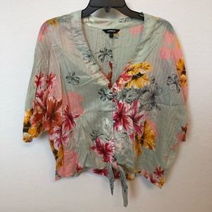 Express Hawaiian floral tie front button up top